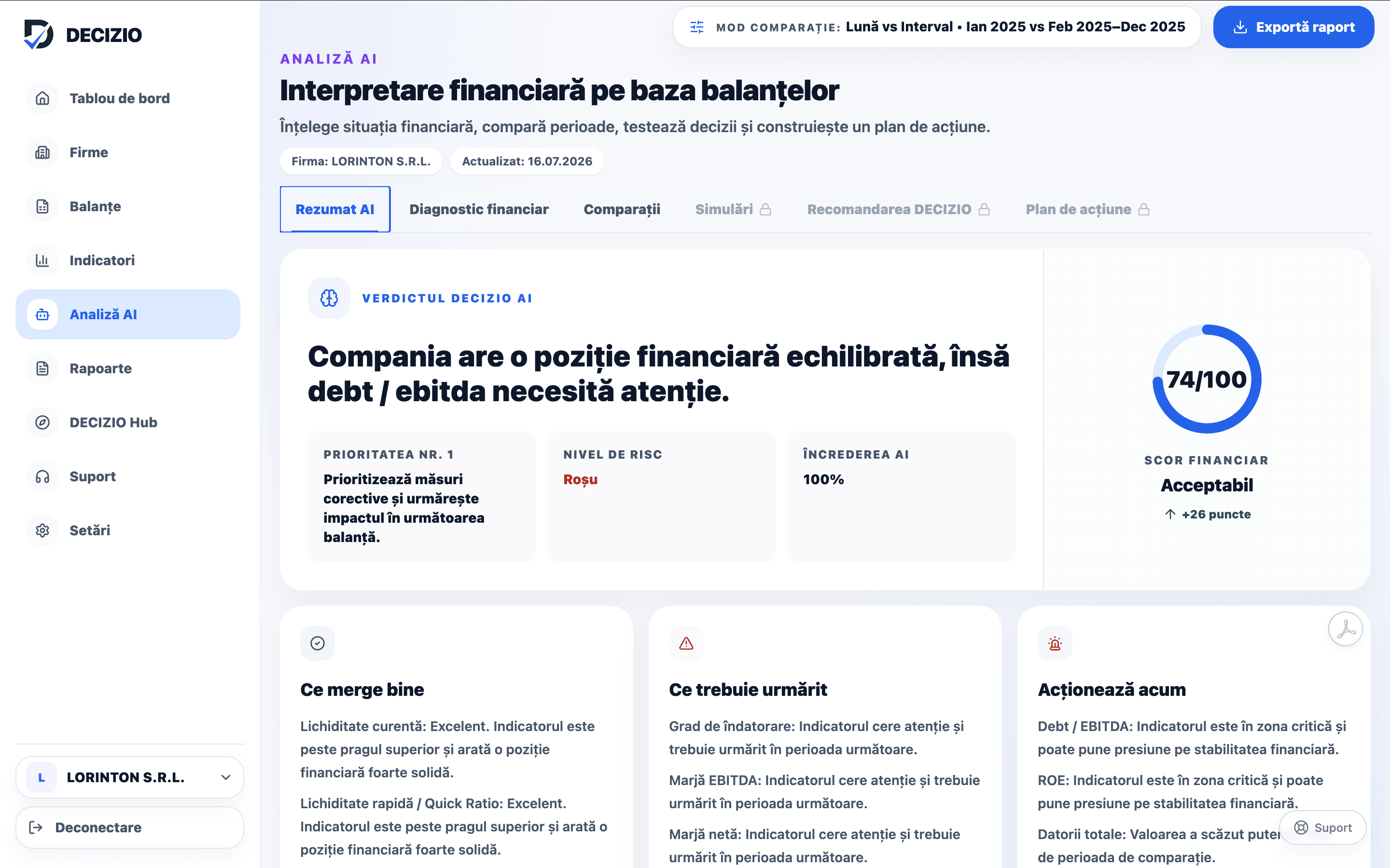 Diagnostic financiar generat în DECIZIO