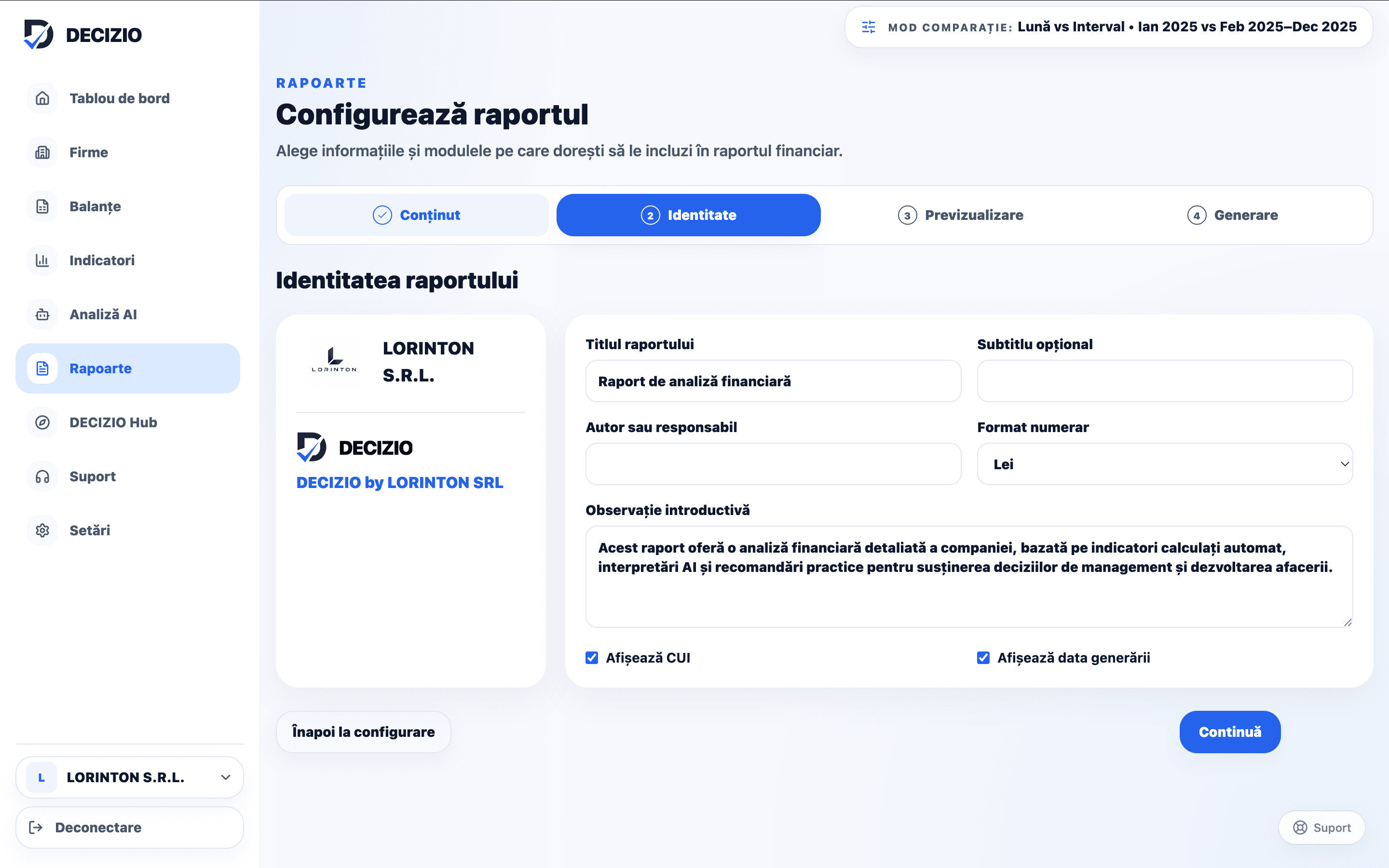 Configurarea raportului financiar PDF în DECIZIO